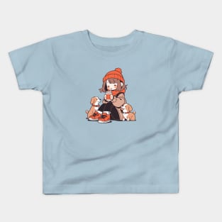 Cute dog mom drinking hot chocolate with her dogs Kids T-Shirt